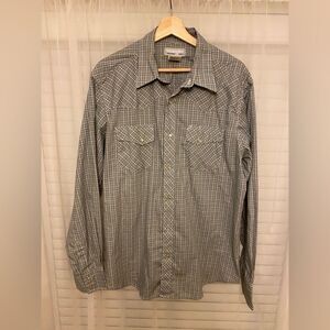 Wrangler Wrancher Mens Pearl Snap Shirt Long Sleeve Gray Green and Black Plaid L